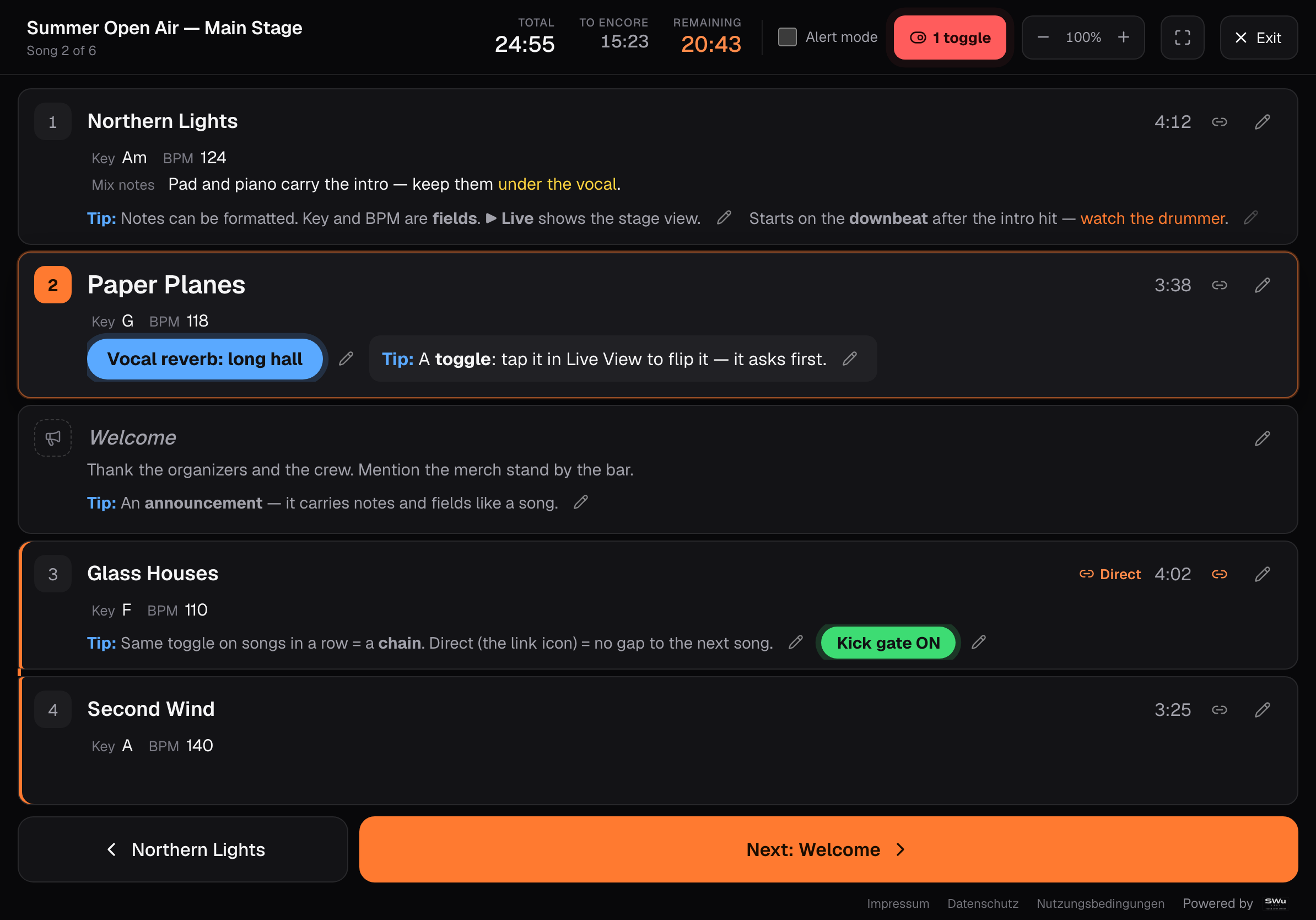 The real Live View on an iPad: the current song opened up with its toggle and notes, total and remaining time at the top, the big Next button at the bottom